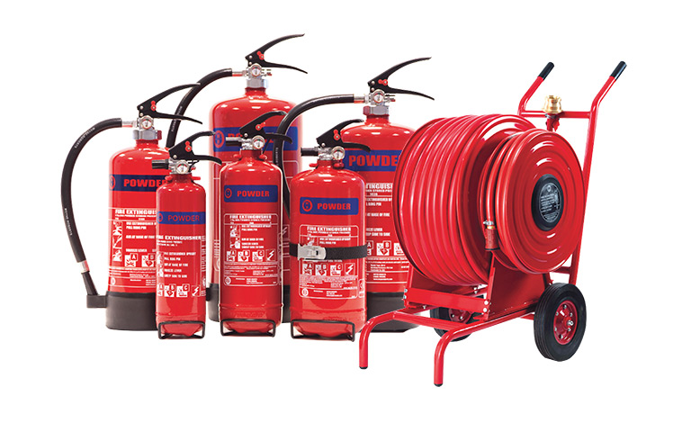 Portable fire extinguishers lined on rack