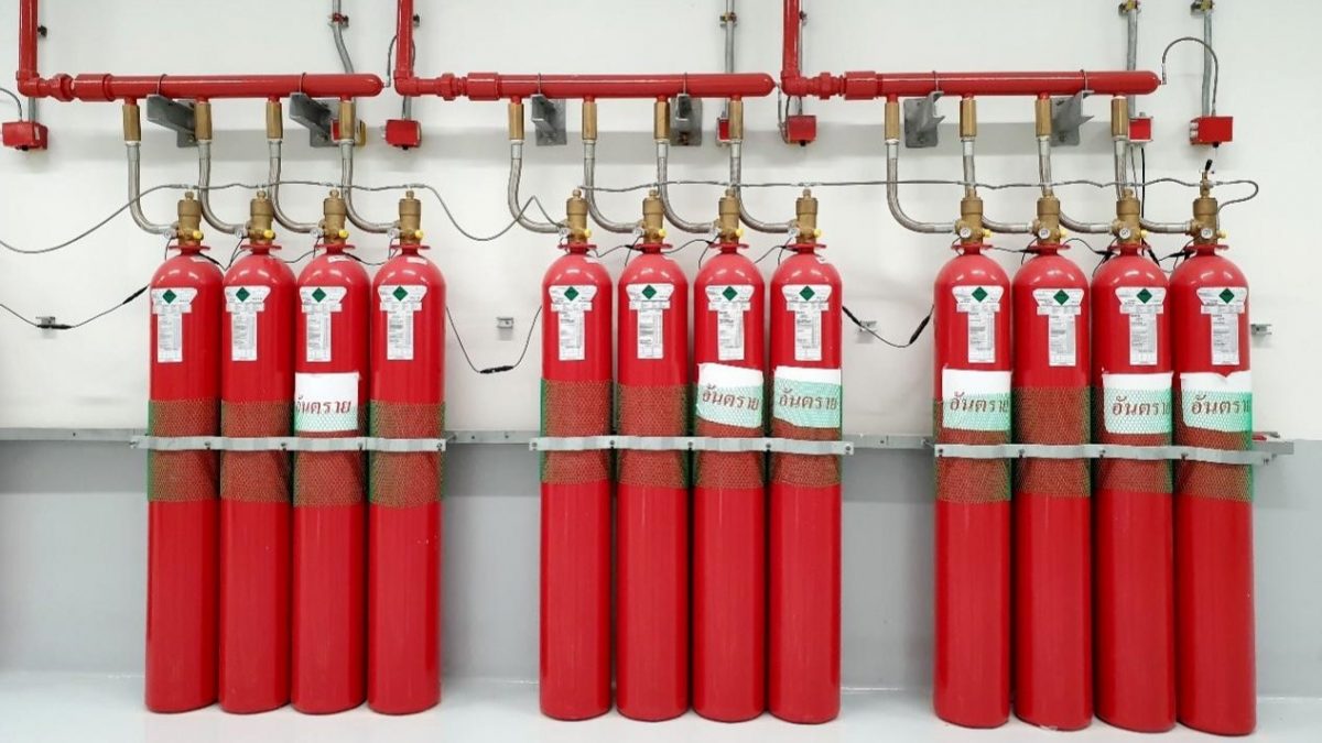 Clean agent gas suppression cylinders in server room