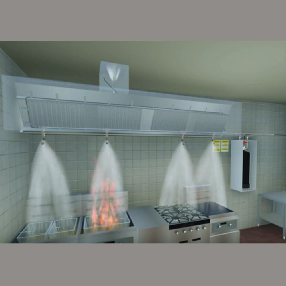 Kitchen hood fire suppression nozzles over cookline